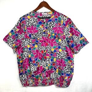 VTG Lauren Lee Floral Print Colorful Smocked Top Pink Maximalist 90s‎ Abstract